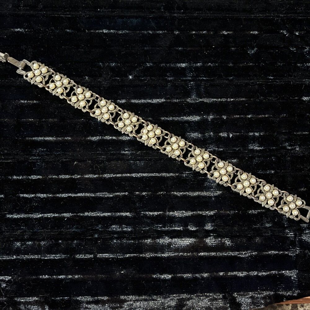 Vintage Silver Tone & Copper Filigree Tiny Faux Pearl Panel Bracelet